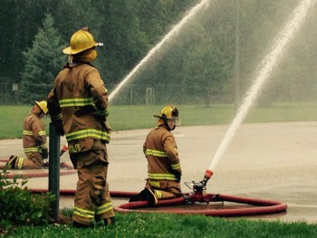 Members of the Fort Calhoun Station fire brigade participate in a readiness exercise.