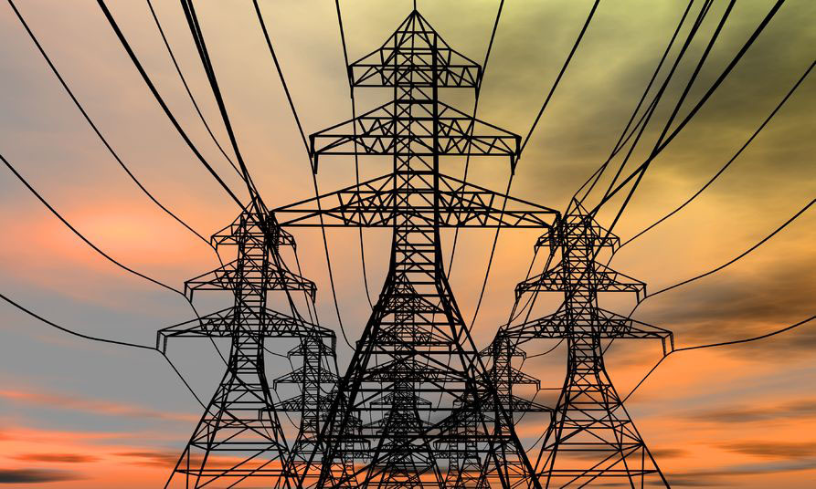 8820091 – energy towers on an electric sky background. 3d rendered image.