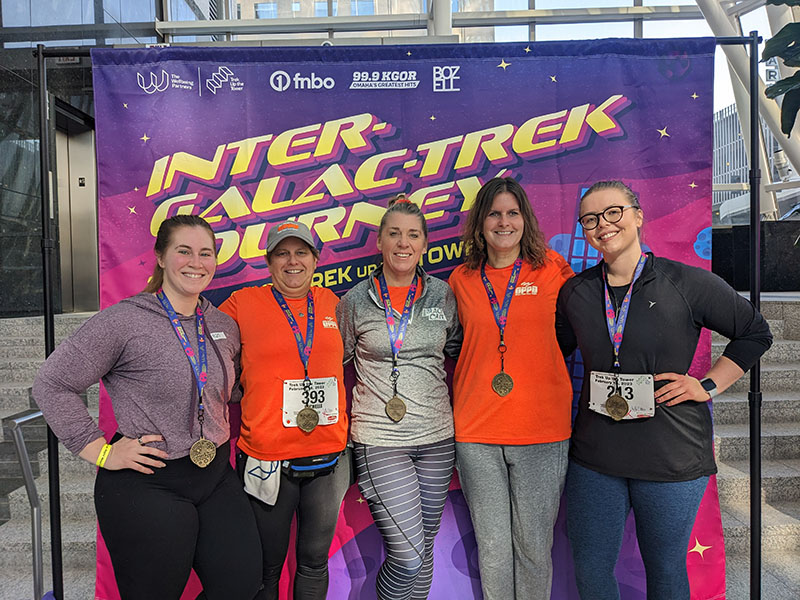OPPD's Trek Up the Tower team included, from left, Megan Wallace, Michelle Homme, Stacey Centarri, Mel Palmer and Jaclyn Arens.