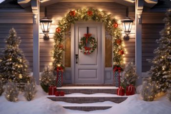Christmas door outside at night. Generate Ai