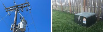 The voltage of electricity is lowered one last time -- by a transformer in a cylindrical metal case mounted on  power pole or by a transformer mounted on concrete inside a green metal box -- before it the electricity enters your home,
