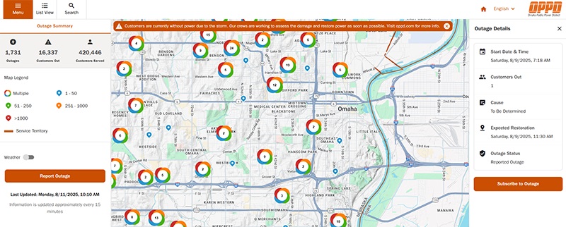 OPPD's new outage map will provide a wealth of information. Colorful circles will denote areas experiencing outages.