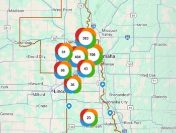 Colorful circles are shown on a map of OPPD's service territory. The circles will show where clusters of outages are taking place.