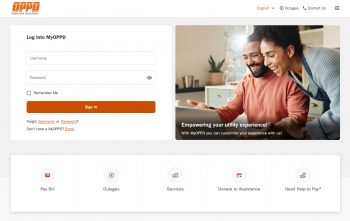 A couple looks at their laptop. The login page for the MyOPPD customer portal is shown at left.