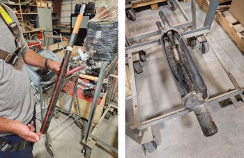 Above left: Tyler Vaughan holds a section of underground cable. Above right: A lead sleeve is cut open to reveal a cable joint.