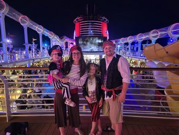 Shane Hanson and his family are shown dressed as pirates on a cruise ship.