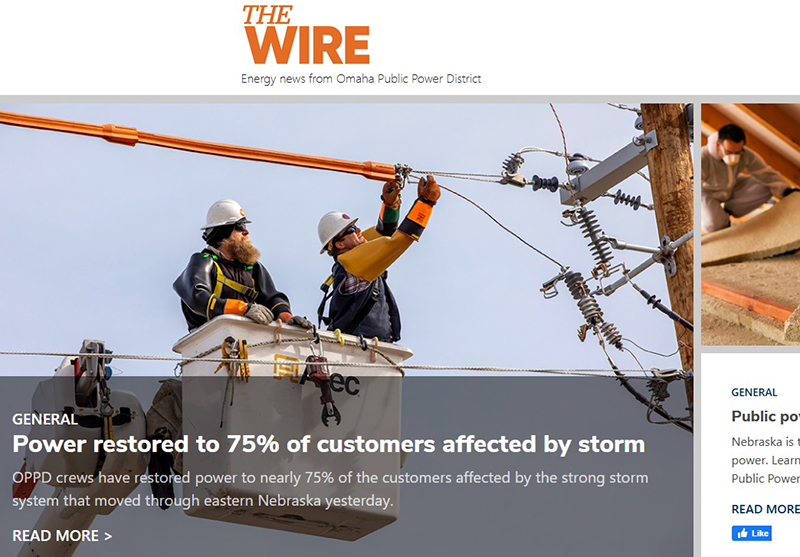 A screen shot of The Wire's homepage is shown in this image. OPPD will publish rolling updates on The Wire during major outage events.