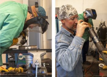 Above left: Eric Devney wear protective gear while welding pipe. Above right: Andrew Holbert holds pipe that Devney welded as he evaluates the work.