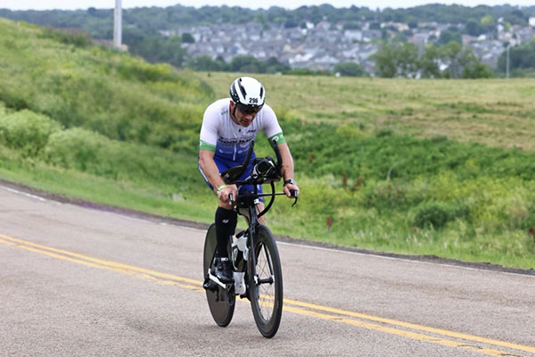 Dustin marvel cycles during the triathlon.