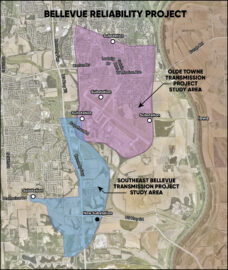 This map shows the two transmission projects that compose the Bellevue Reliability Project -- the Southeast Bellevue Transmission Project and the Olde Towne Transmission Project.